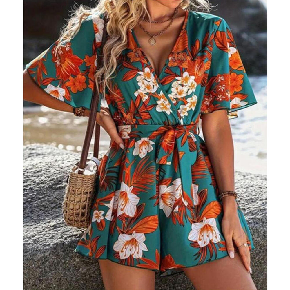 New Floral Jumper Romper Shorts Tie Waist Outfit Size L Bell Sleeve Pixie